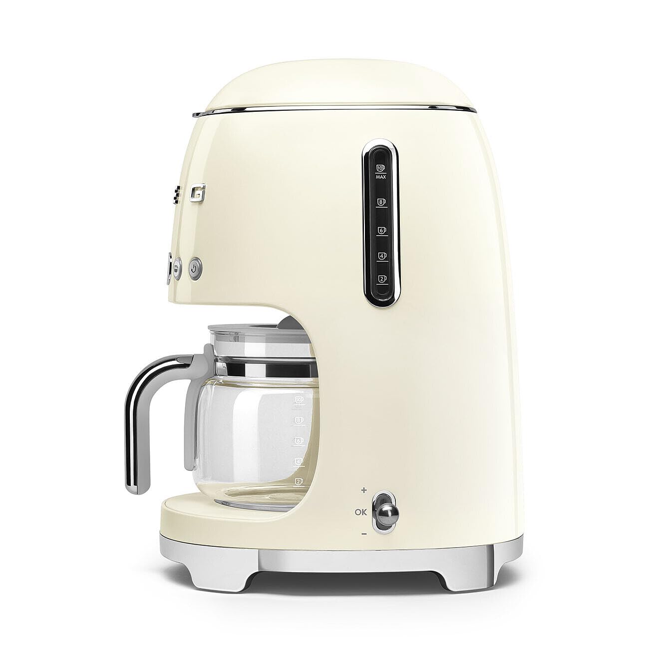 Smeg 50's retro drip coffee machine glass carafe in cream ready to pour