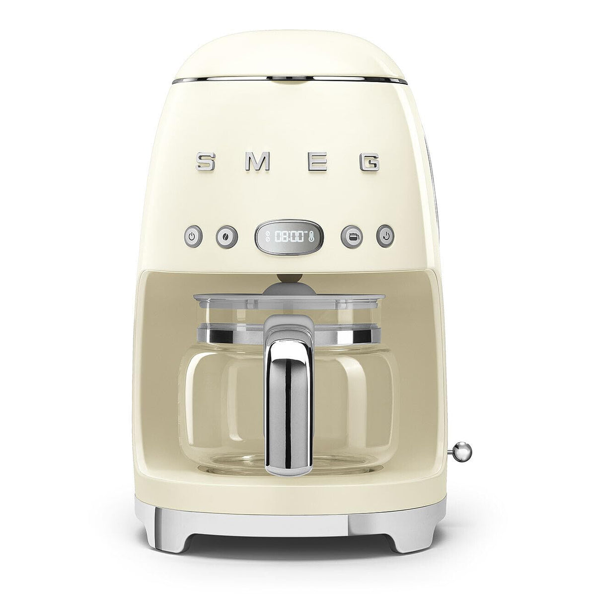 Smeg 50's retro drip coffee machine front view in cream showing vintage charm and modern build