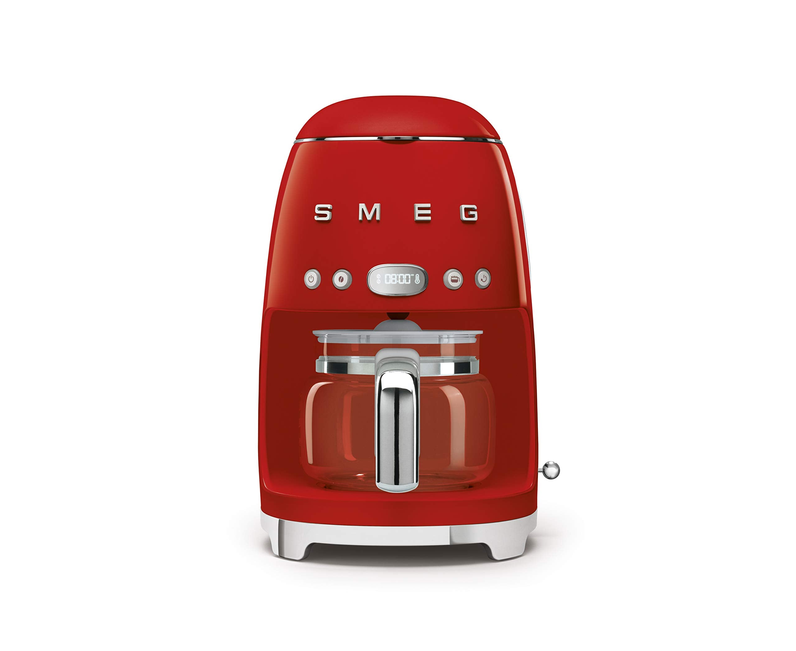 Smeg 50s retro drip coffee machine front view in red, stylish kitchen statement.