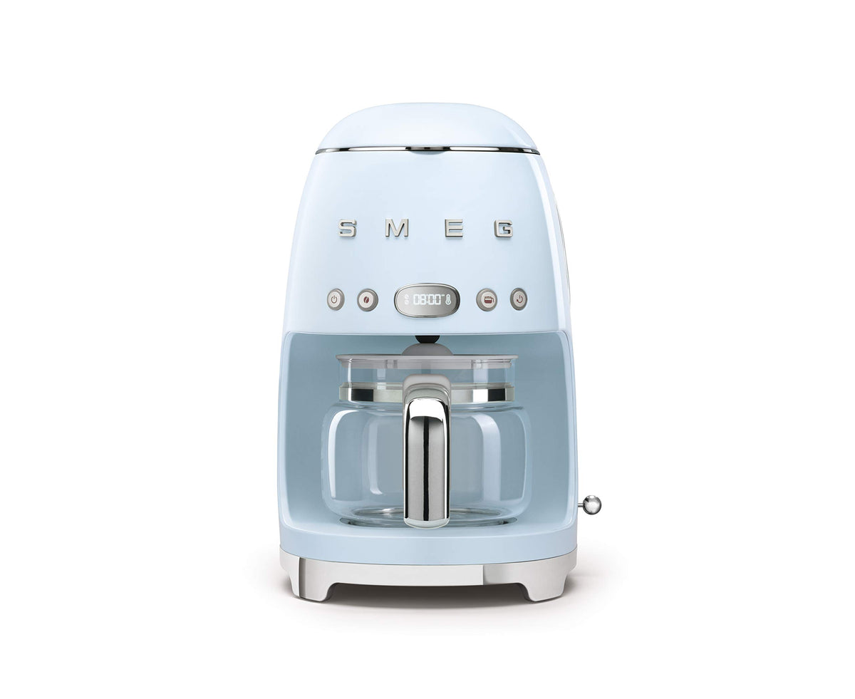 Smeg 50s retro drip coffee machine front view with aroma control and strength options