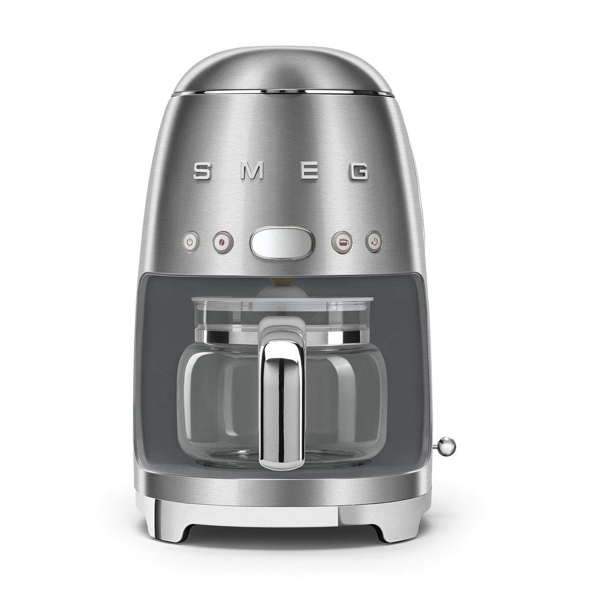 Smeg 50's retro drip coffee machine front view with brushed stainless steel finish for a stylish kitchen