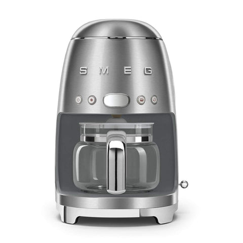 Smeg 50's retro drip coffee machine front view with brushed stainless steel finish for a stylish kitchen