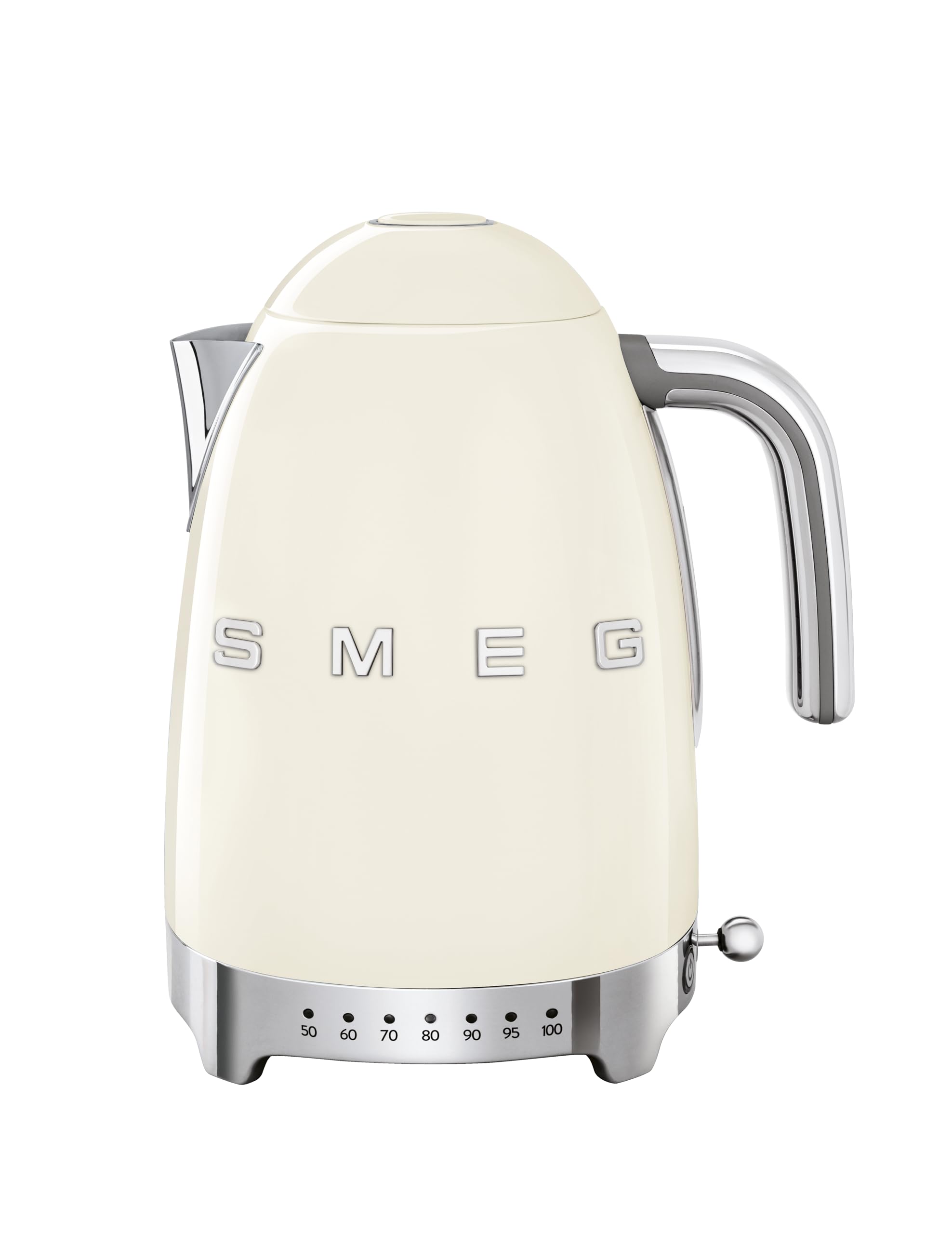 Smeg 50s Retro Cream kettle, front view, showcasing iconic design and precise temperature control.