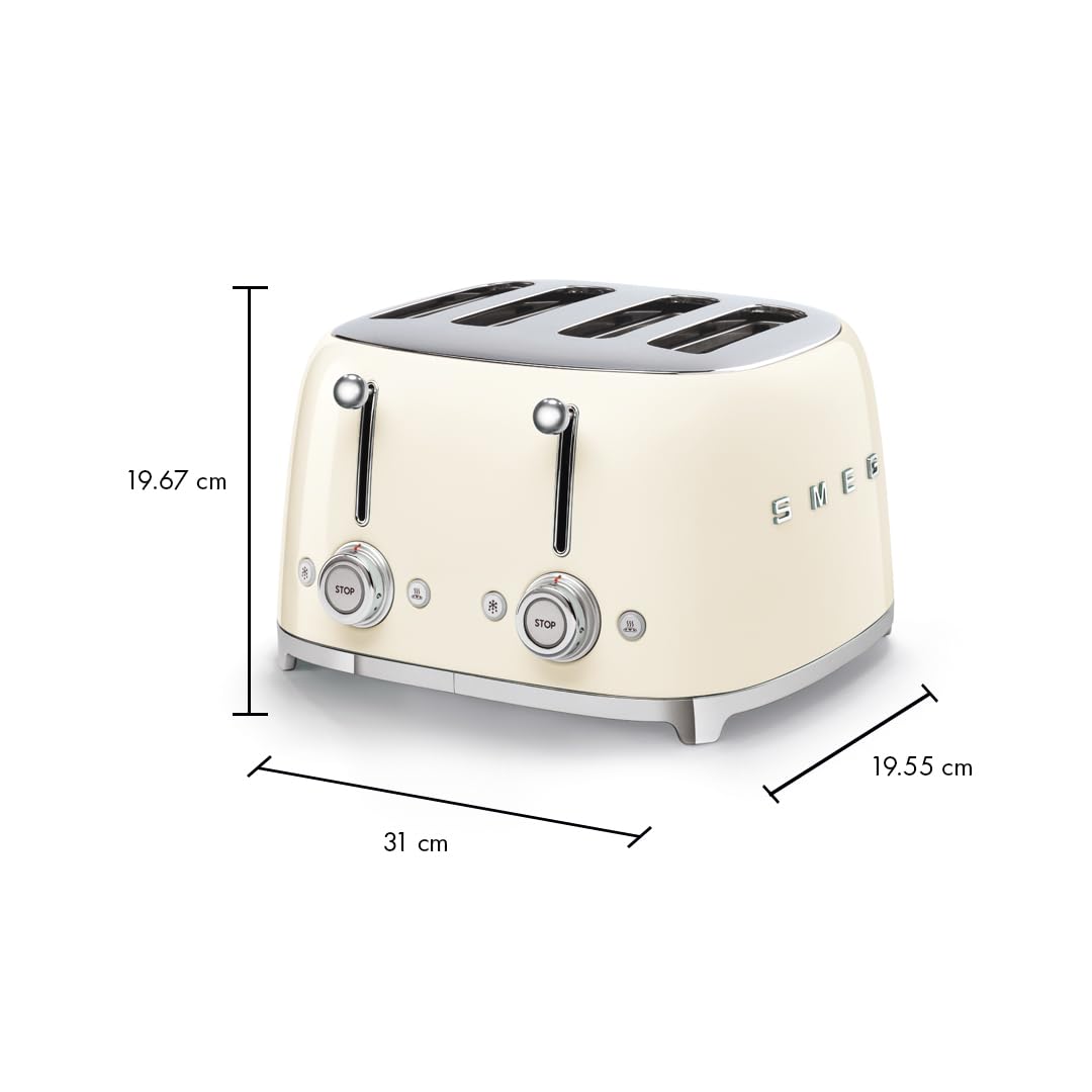 Smeg 50s Style toaster with four large wide slots for varied bread.