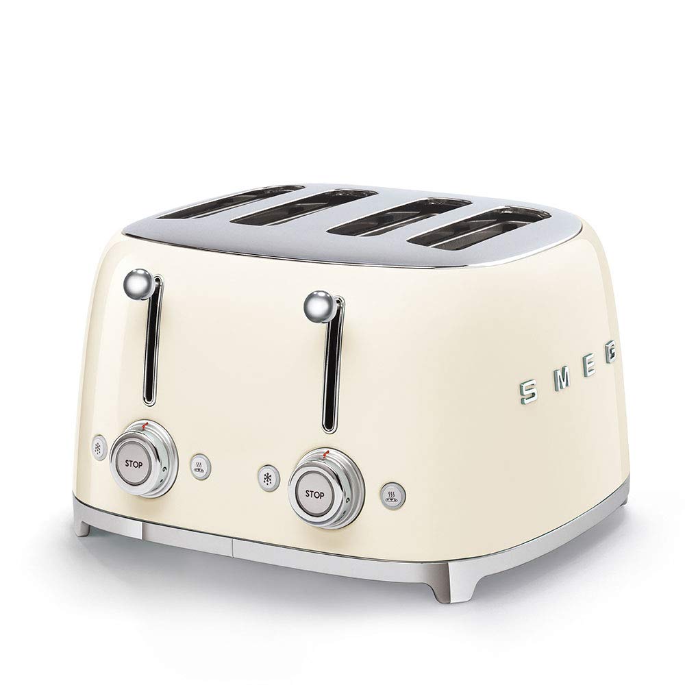 Smeg 50s Style toaster front view in cream with wide slots for versatility.