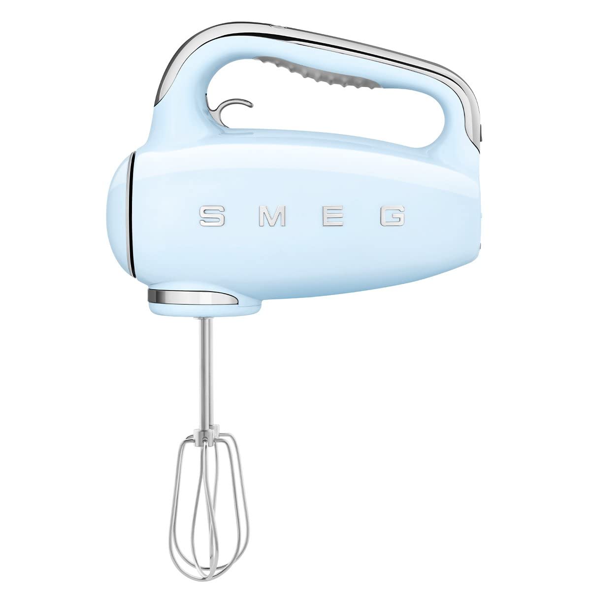 Smeg pastel blue hand mixer front view with retro design for smooth batters