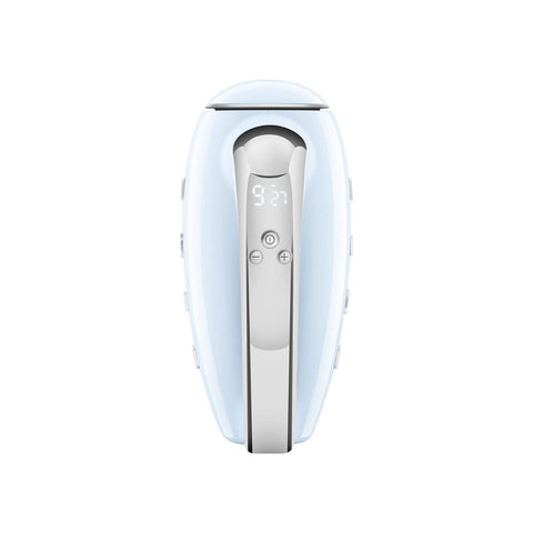 Smeg pastel blue hand mixer LED display showing precise speed control