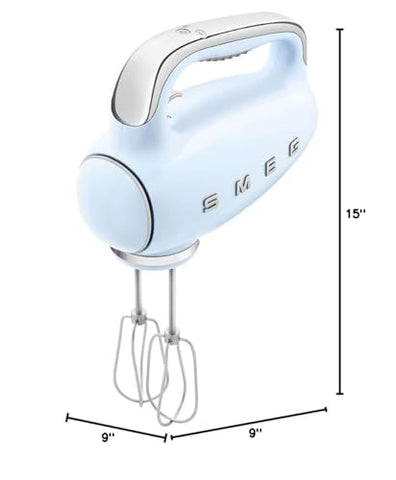 Smeg pastel blue hand mixer stored neatly with accessories bag