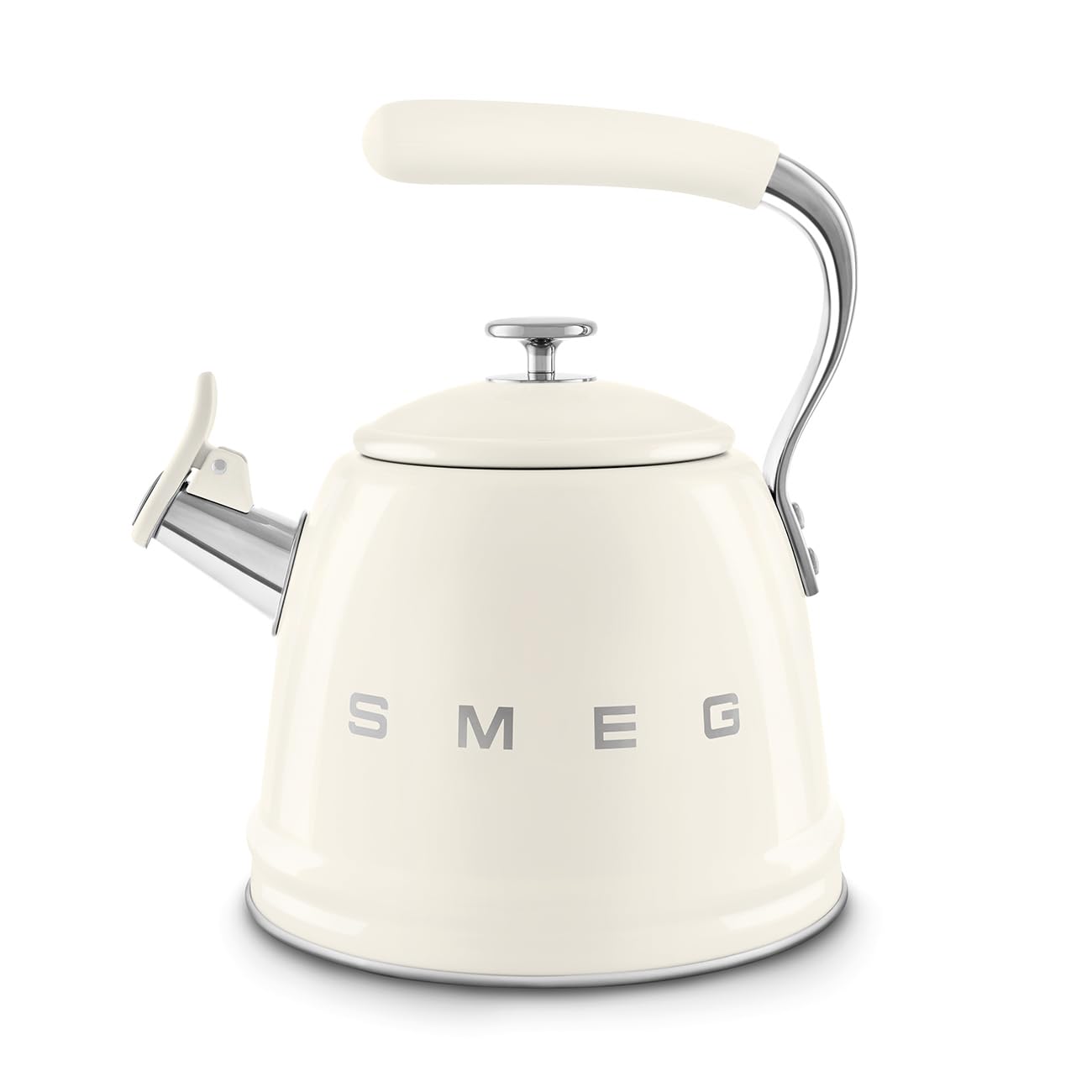 Smeg retro stovetop kettle cream front view, iconic design and 2.4-quart capacity.