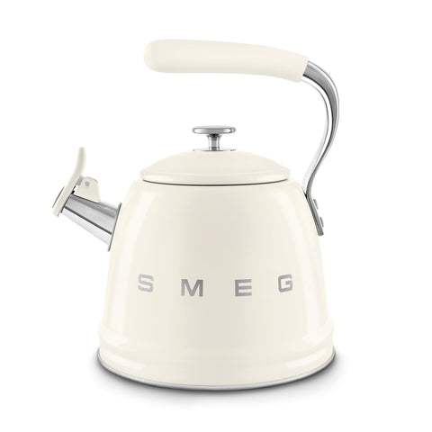 Smeg retro stovetop kettle cream front view, iconic design and 2.4-quart capacity.