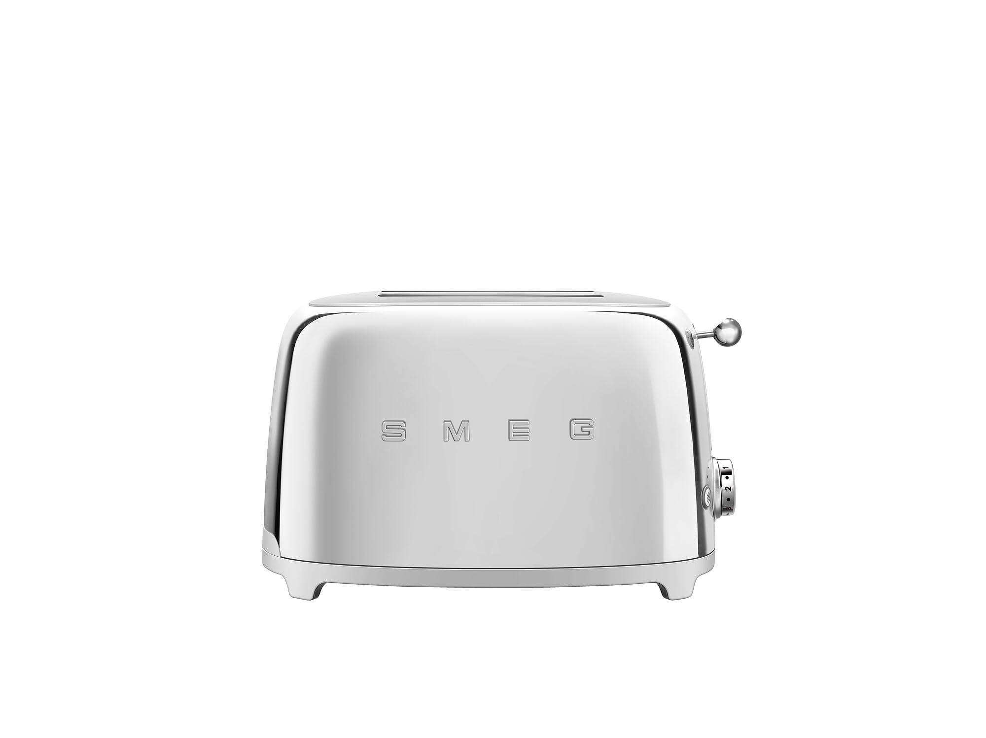 Smeg TSF01SSUS toaster front view with premium stainless steel finish and retro styling