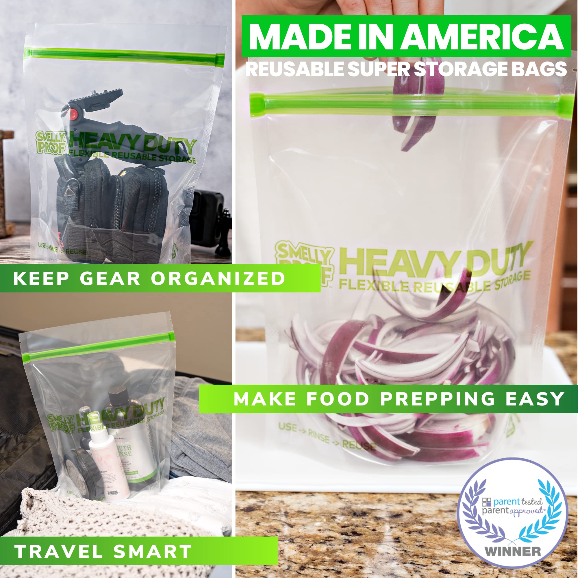 Smelly Proof 5-mil quart bags shown for marinating and portioning.
