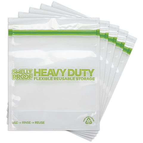 Smelly Proof heavy-duty stand-up bags demonstrating easy filling and organization.