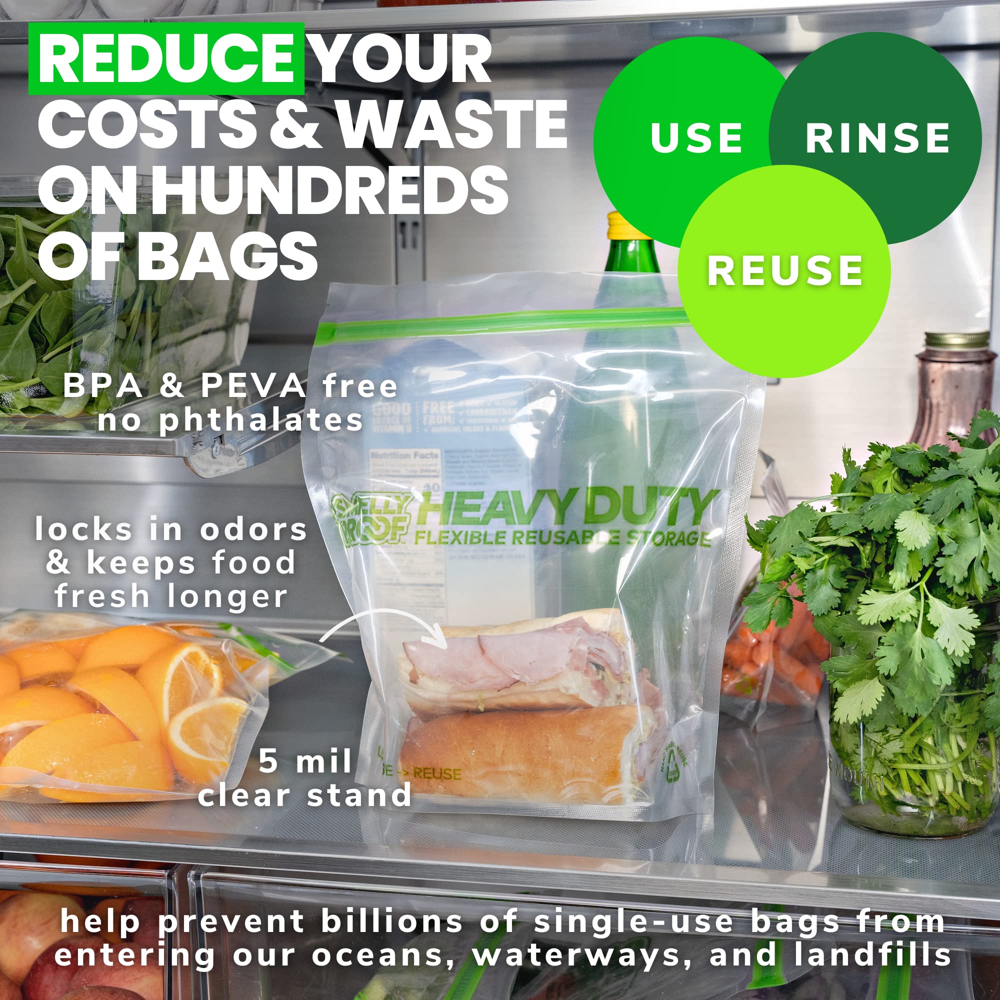 Smelly Proof tear-resistant, non-toxic bags storing leftovers and fresh produce.