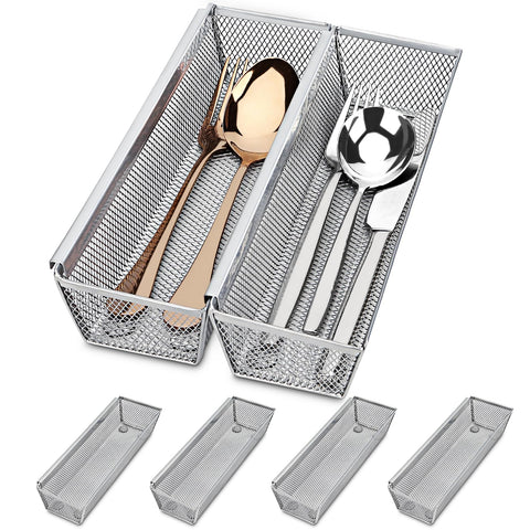 Smgmg silverware drawer organizer with interlocking arm keeps utensils neatly aligned.