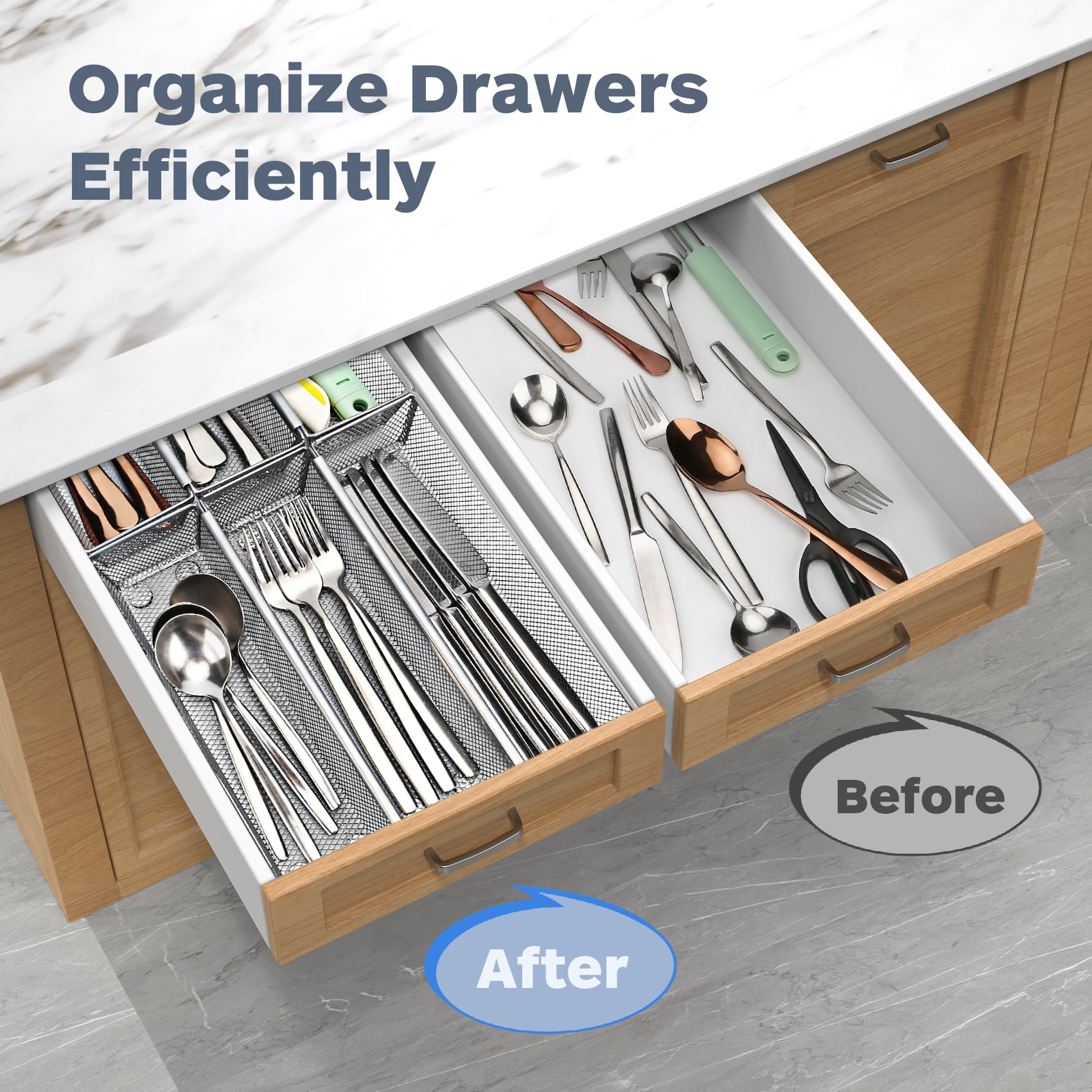 Smgmg non-slip feet stabilize the tray during use in busy drawers.