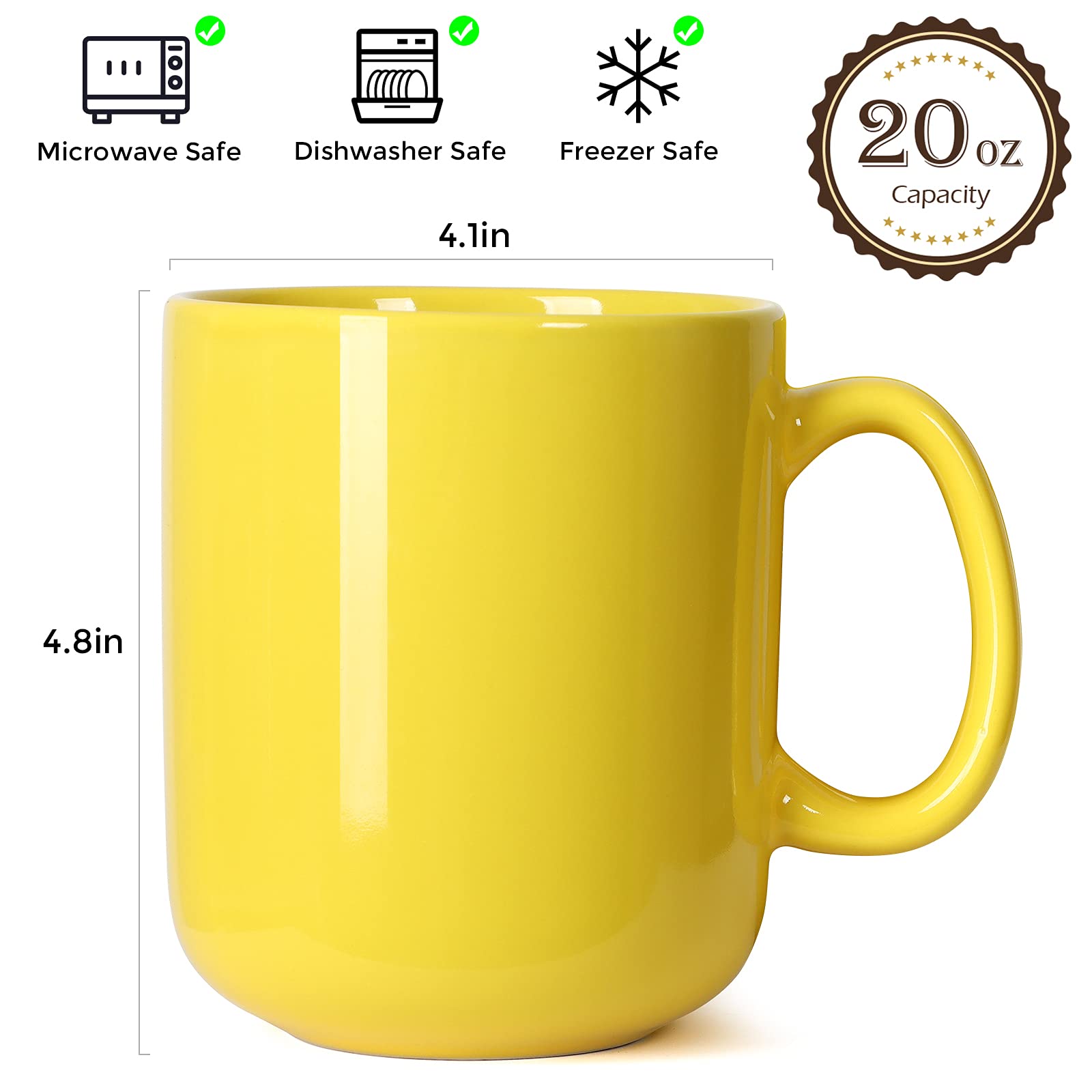 Smilatte 20 oz yellow mug safe for dishwasher and microwave.