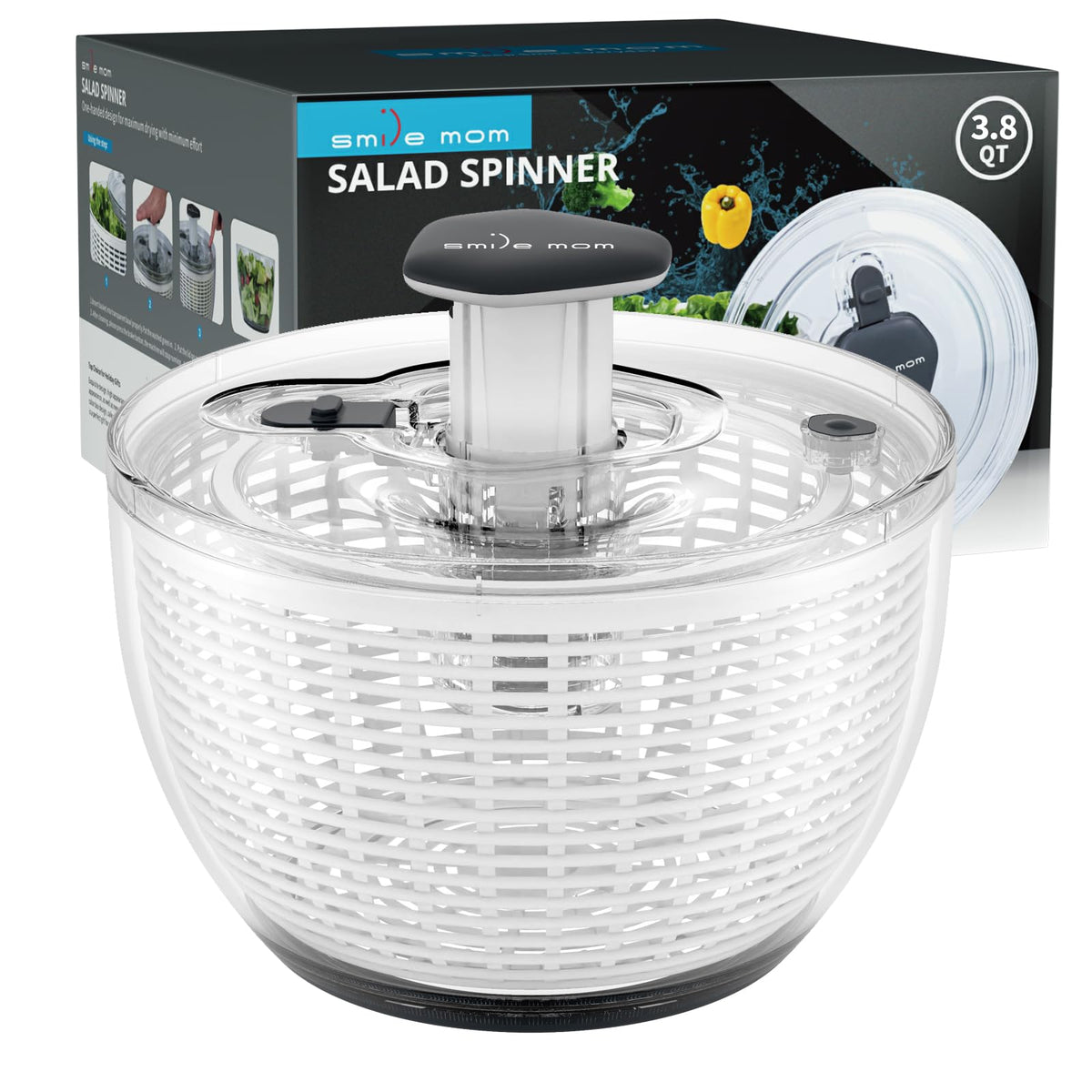 Smile mom salad spinner 3-8qt white bowl shows spacious capacity for family greens.