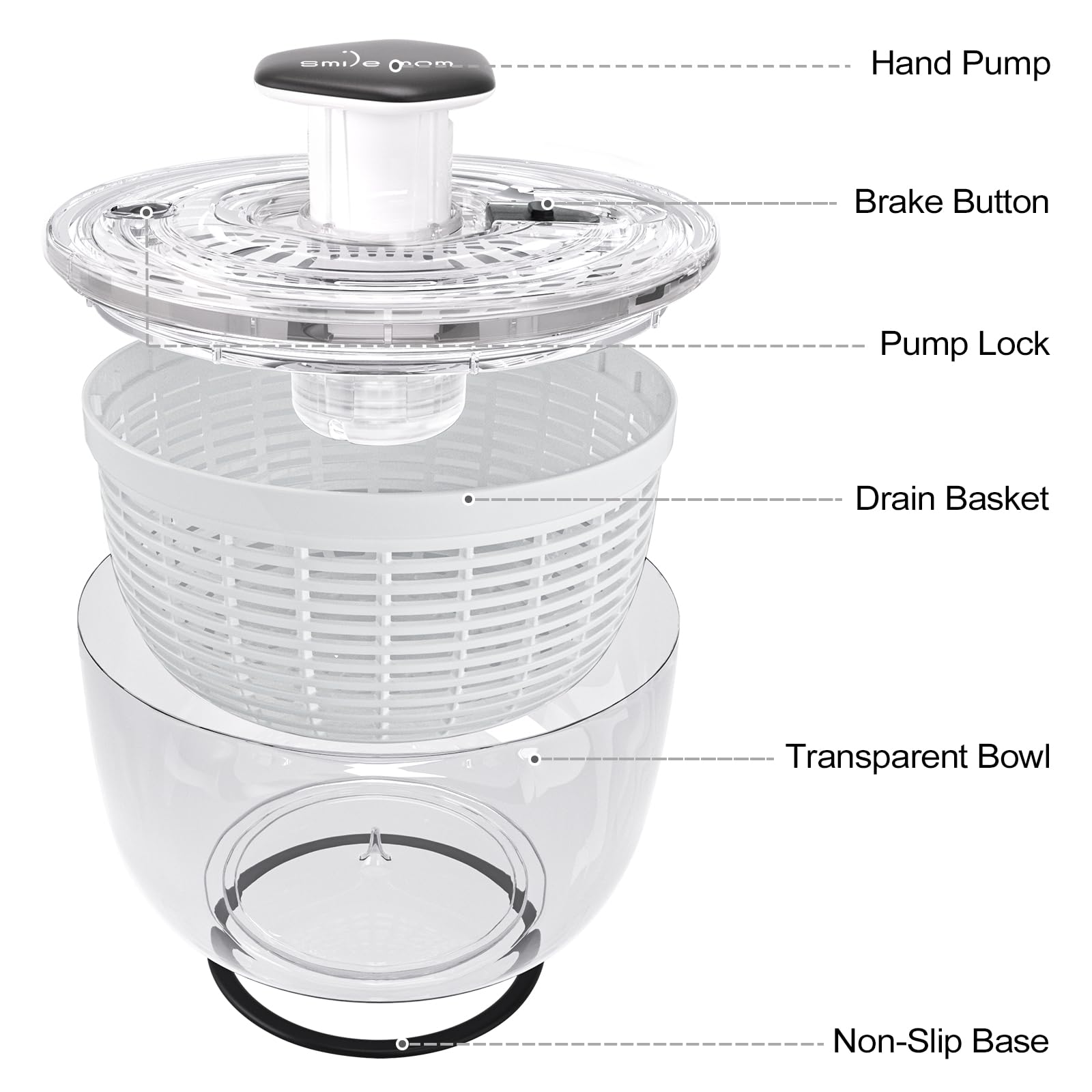 Smile mom salad spinner dishwasher-safe parts simplify cleanup.