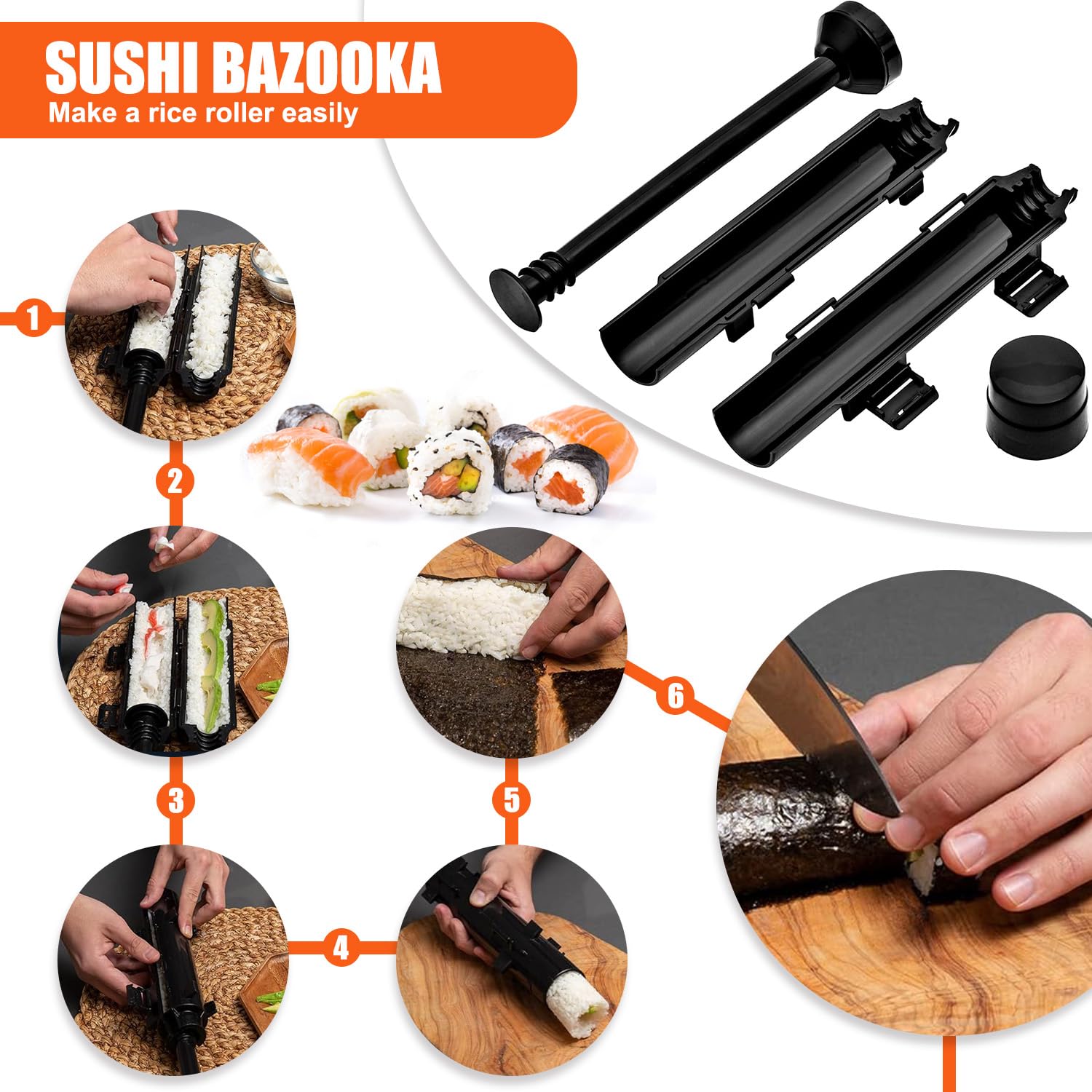 SmileTools sushi bazooka for quick, uniform rolls in minutes.