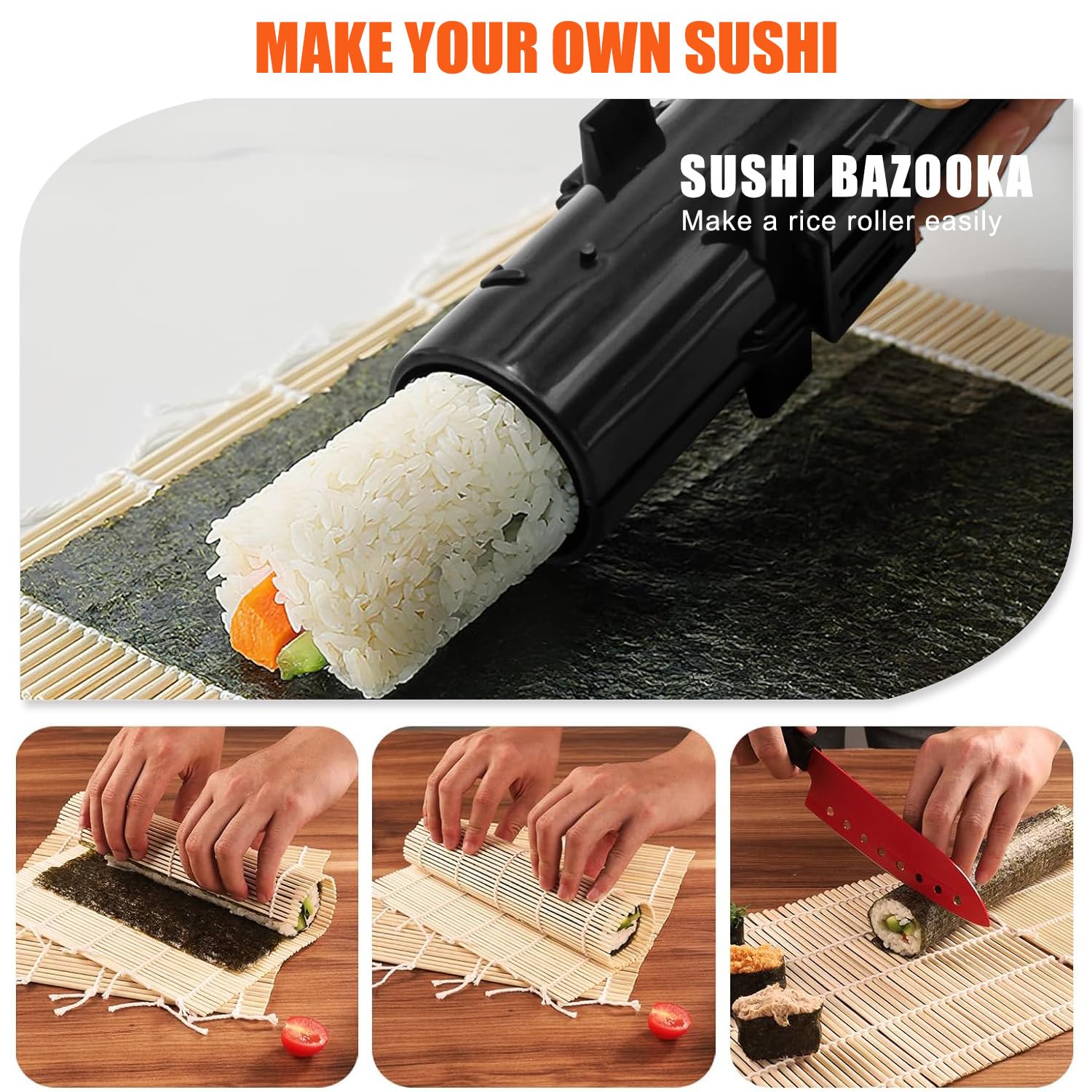 SmileTools sushi maker set shows mat, bazooka, and oil brush for versatile rolls.