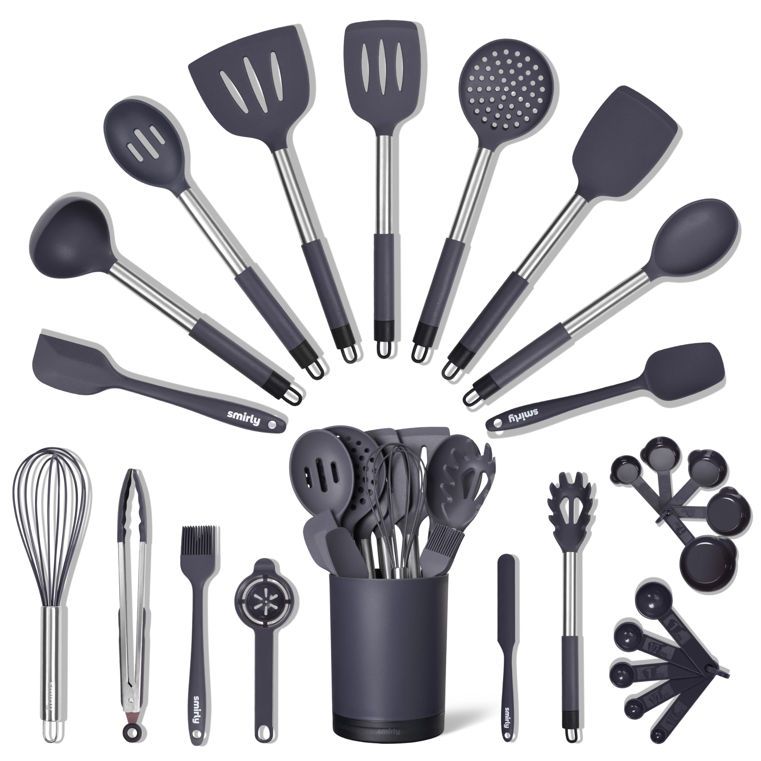 SMIRLY 26-piece silicone utensils set with holder, ideal for organized kitchen prep
