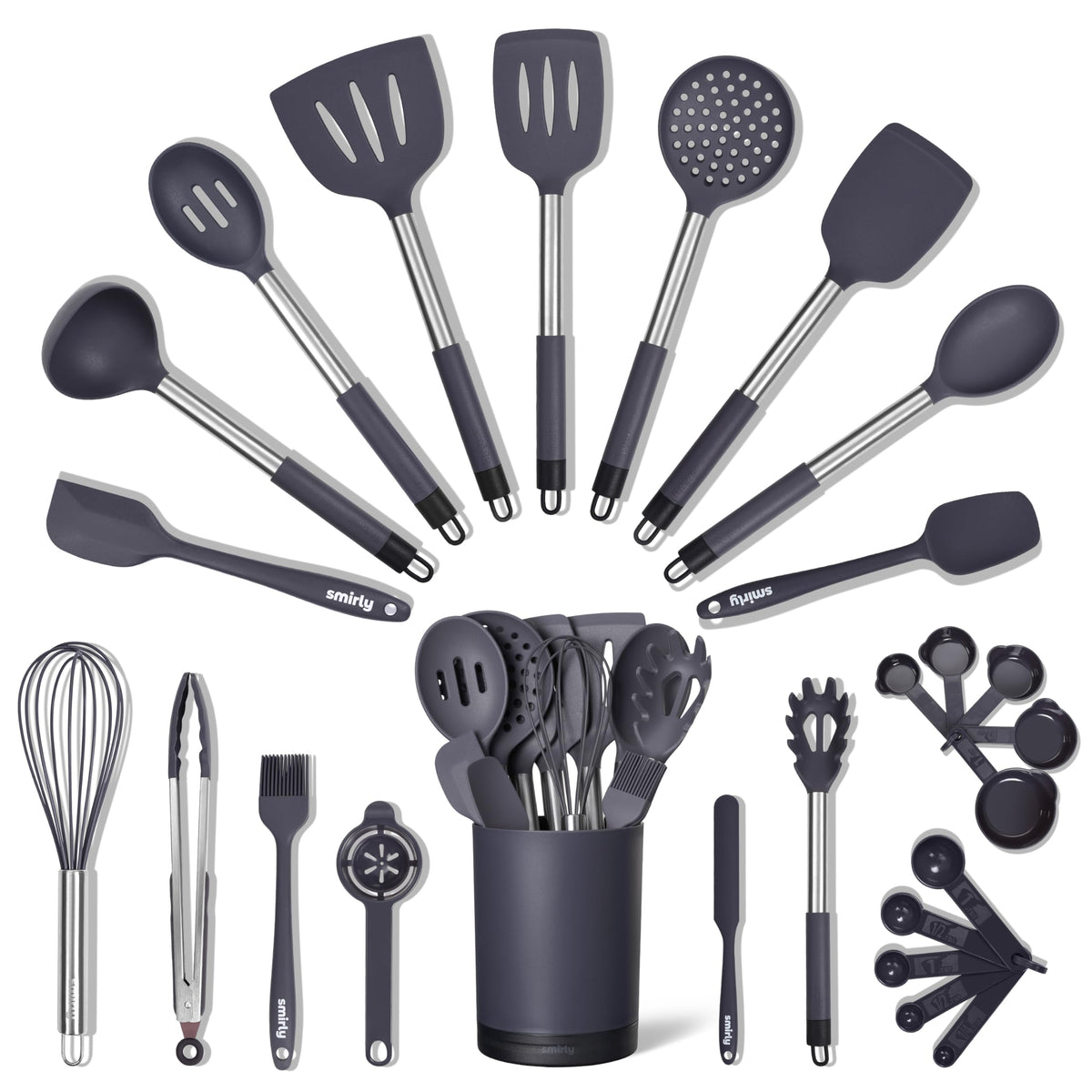 SMIRLY 26-piece silicone utensils set with holder, ideal for organized kitchen prep