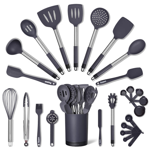 SMIRLY 26-piece silicone utensils set with holder, ideal for organized kitchen prep