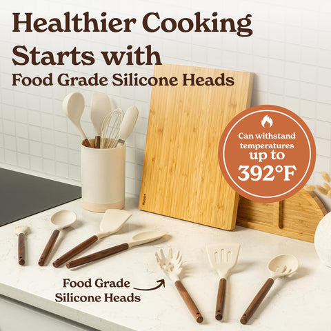 SMIRLY acacia wood-handle holder keeps utensils organized and within reach.