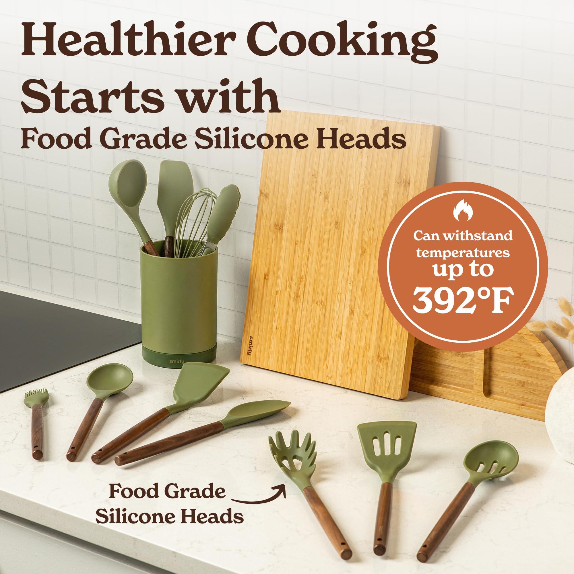 SMIRLY silicone utensils with acacia wood handles for comfortable grip.