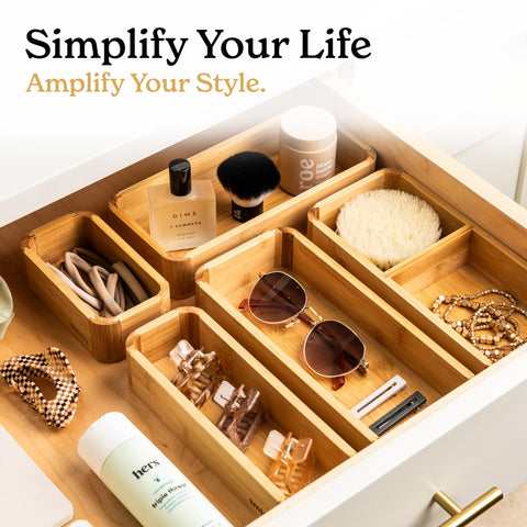SMIRLY bamboo bathroom drawer organizer showcases child-safe rounded corners.