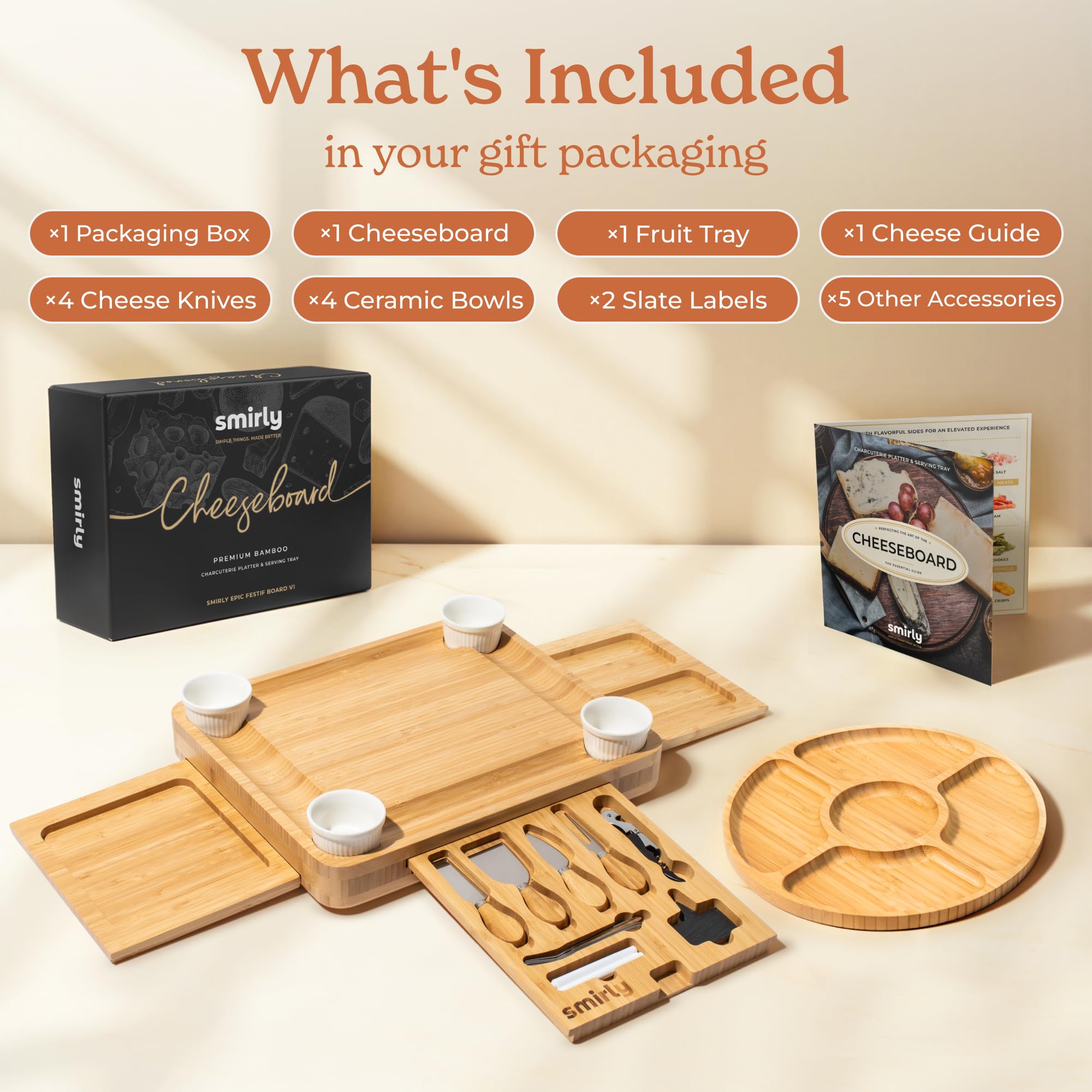SMIRLY bamboo cheese board with knives and bowls for stylish entertaining