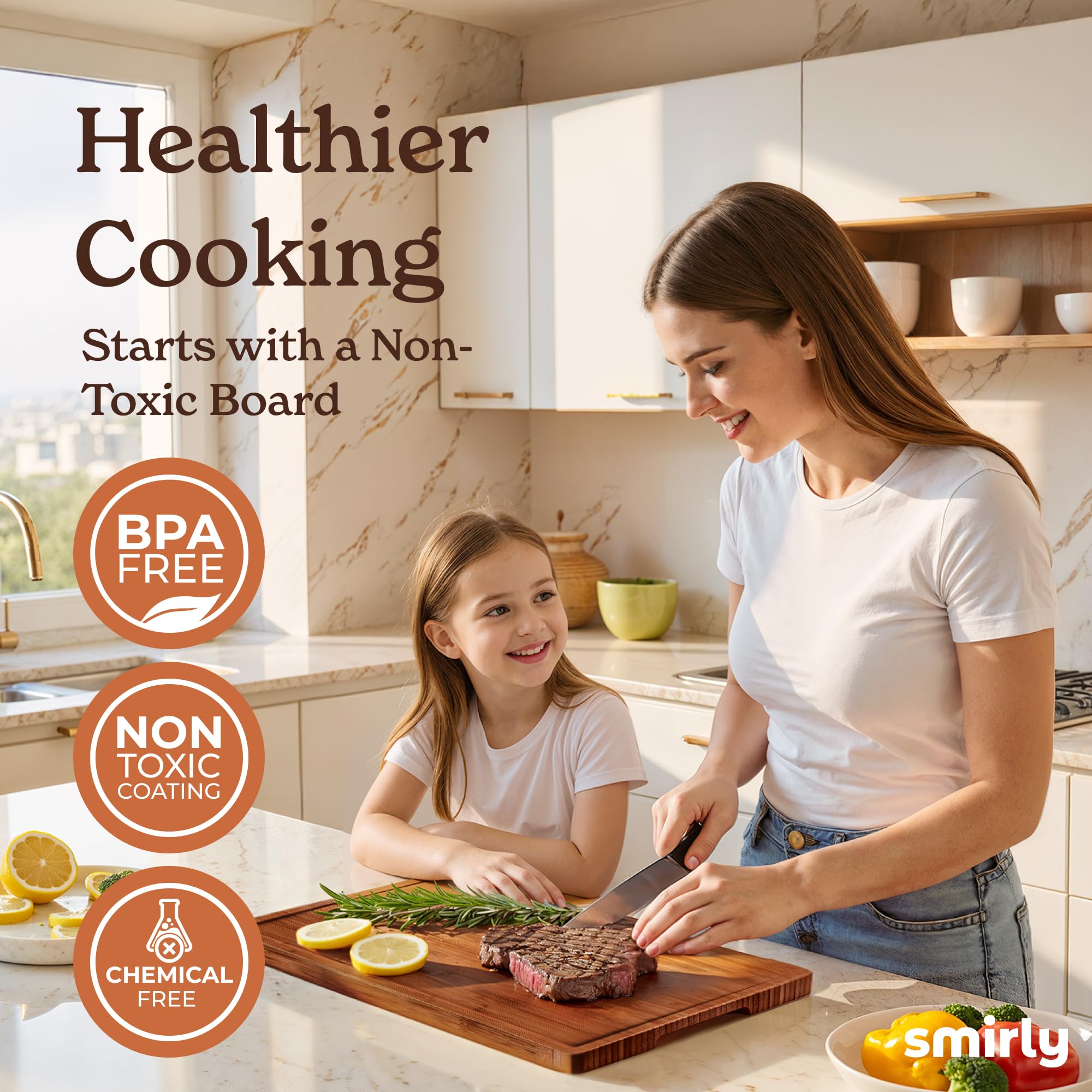SMIRLY bamboo cutting board juice grooves catching liquids during prep