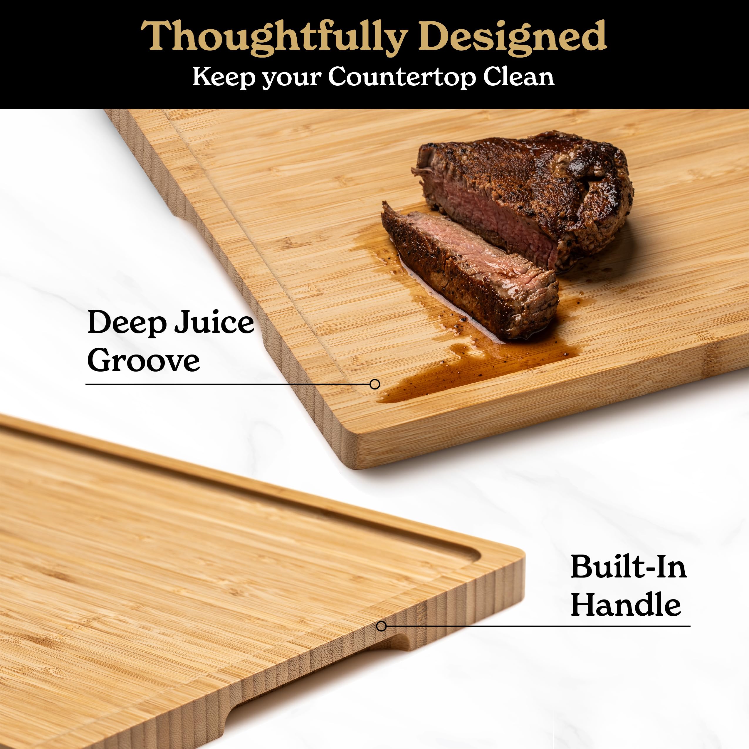 SMIRLY bamboo cutting board features a knife-friendly surface protecting blades