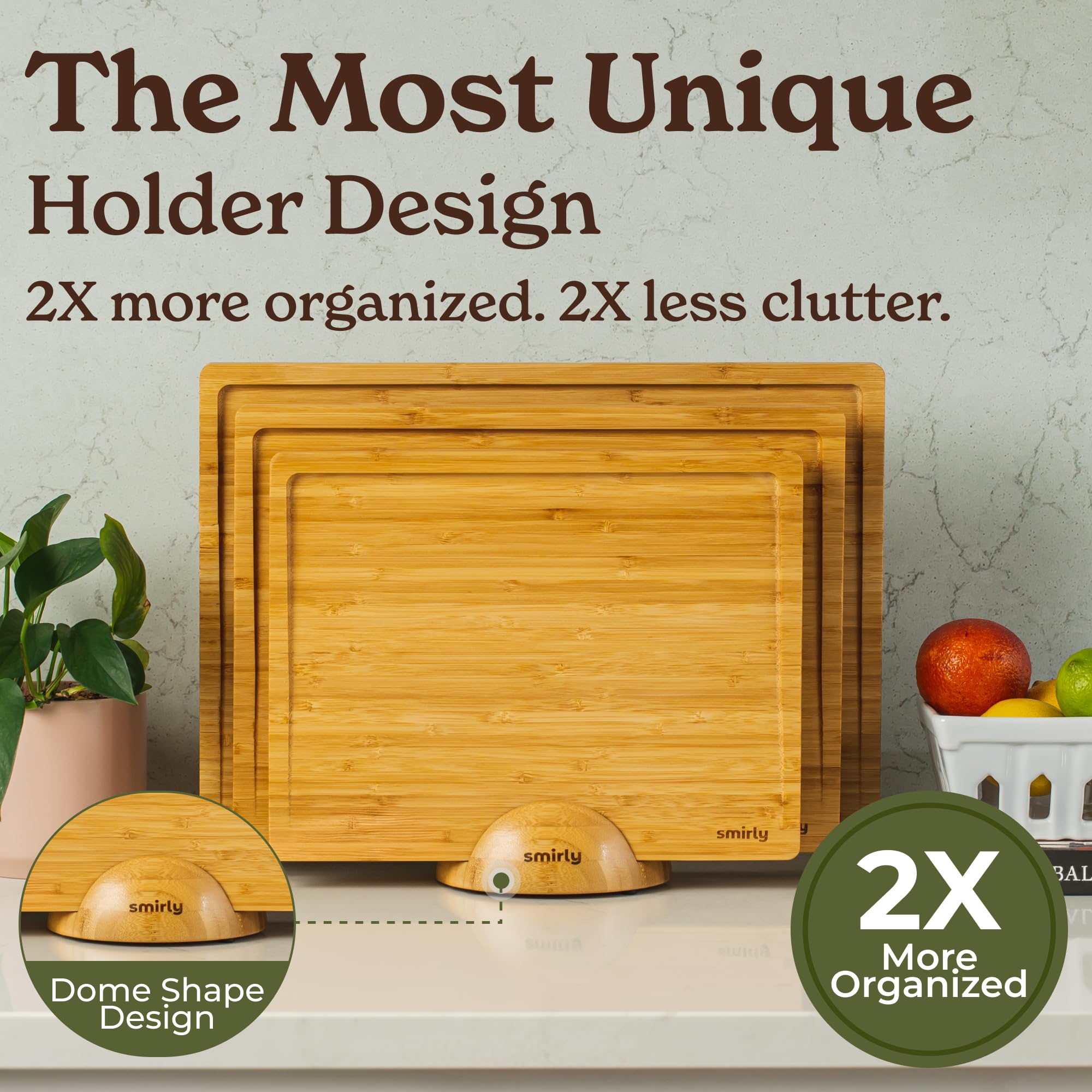 SMIRLY bamboo cutting board with non-slip edge on counter.