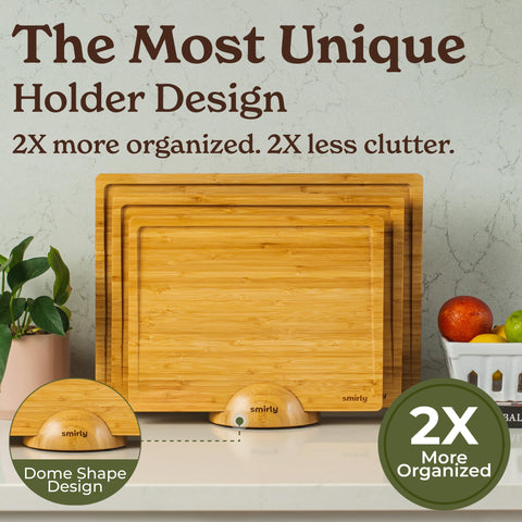 SMIRLY bamboo cutting board with non-slip edge on counter.