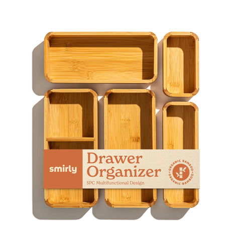 SMIRLY bamboo drawer organizer 5-piece set shows flexible configuration for large and small utensils.