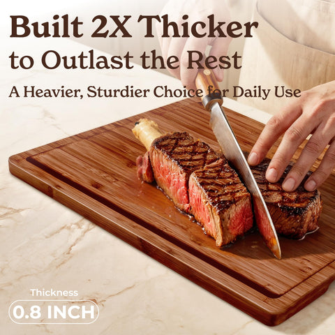 Brown SMIRLY bamboo board with juice groove for meat juices