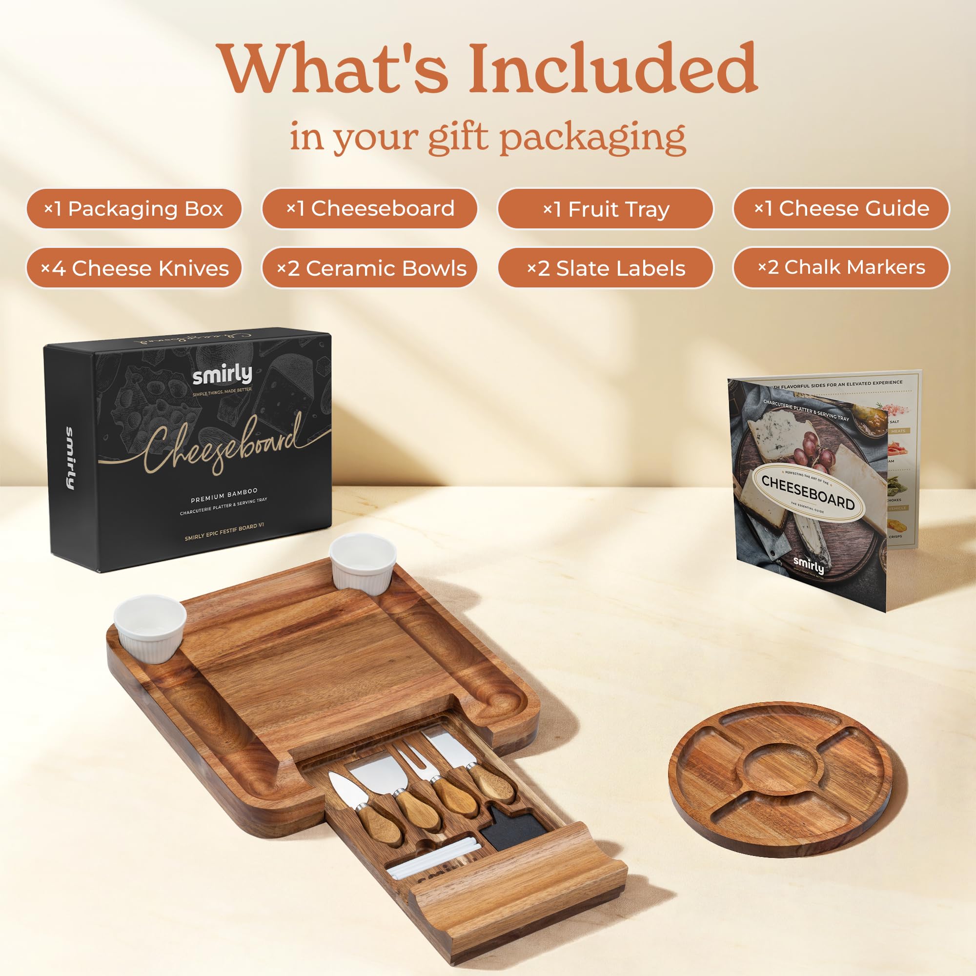 SMIRLY charcuterie accessories included for easy serving and cheese prep.