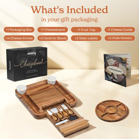 SMIRLY charcuterie accessories included for easy serving and cheese prep.