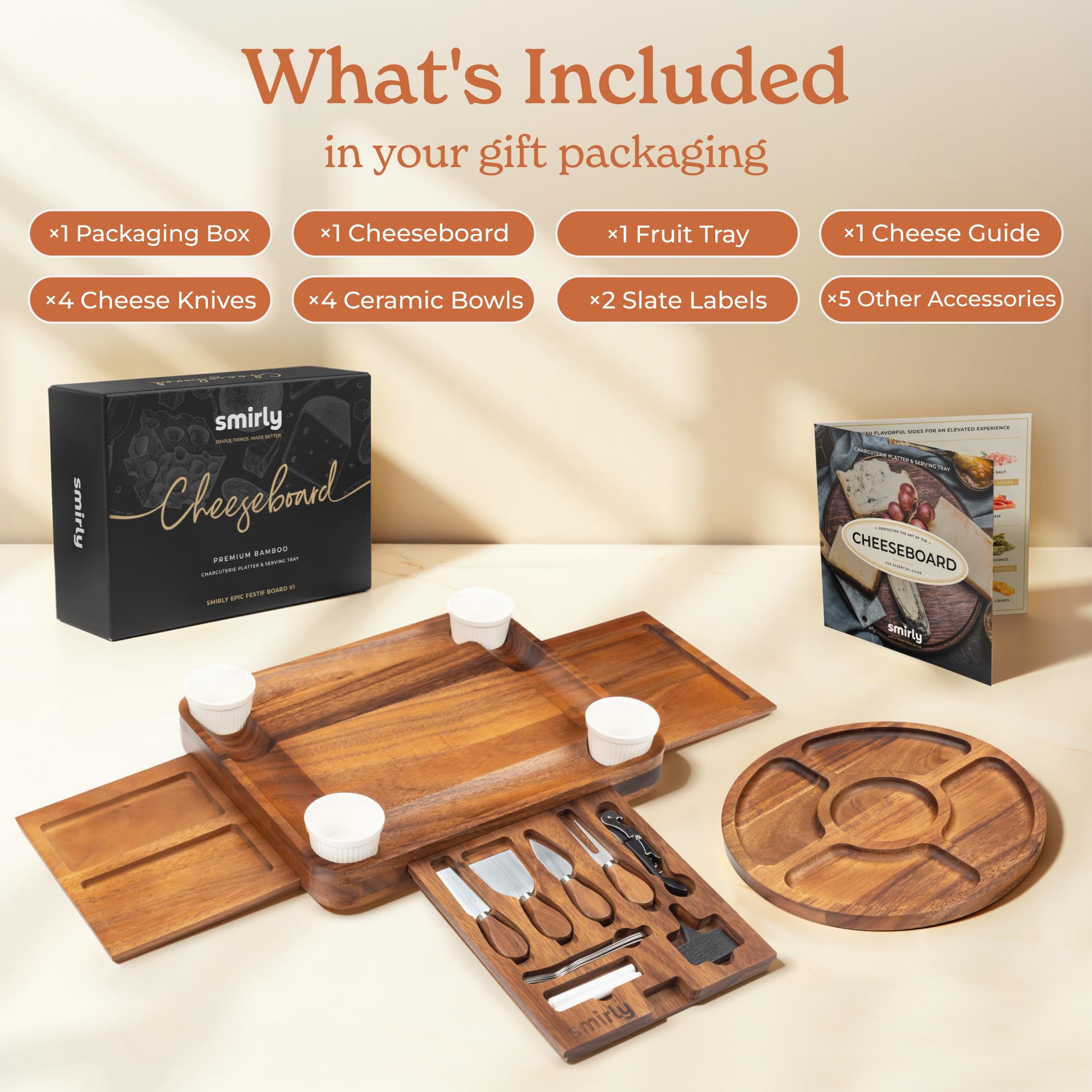 SMIRLY charcuterie board with accessories, knife and spreader for easy serving