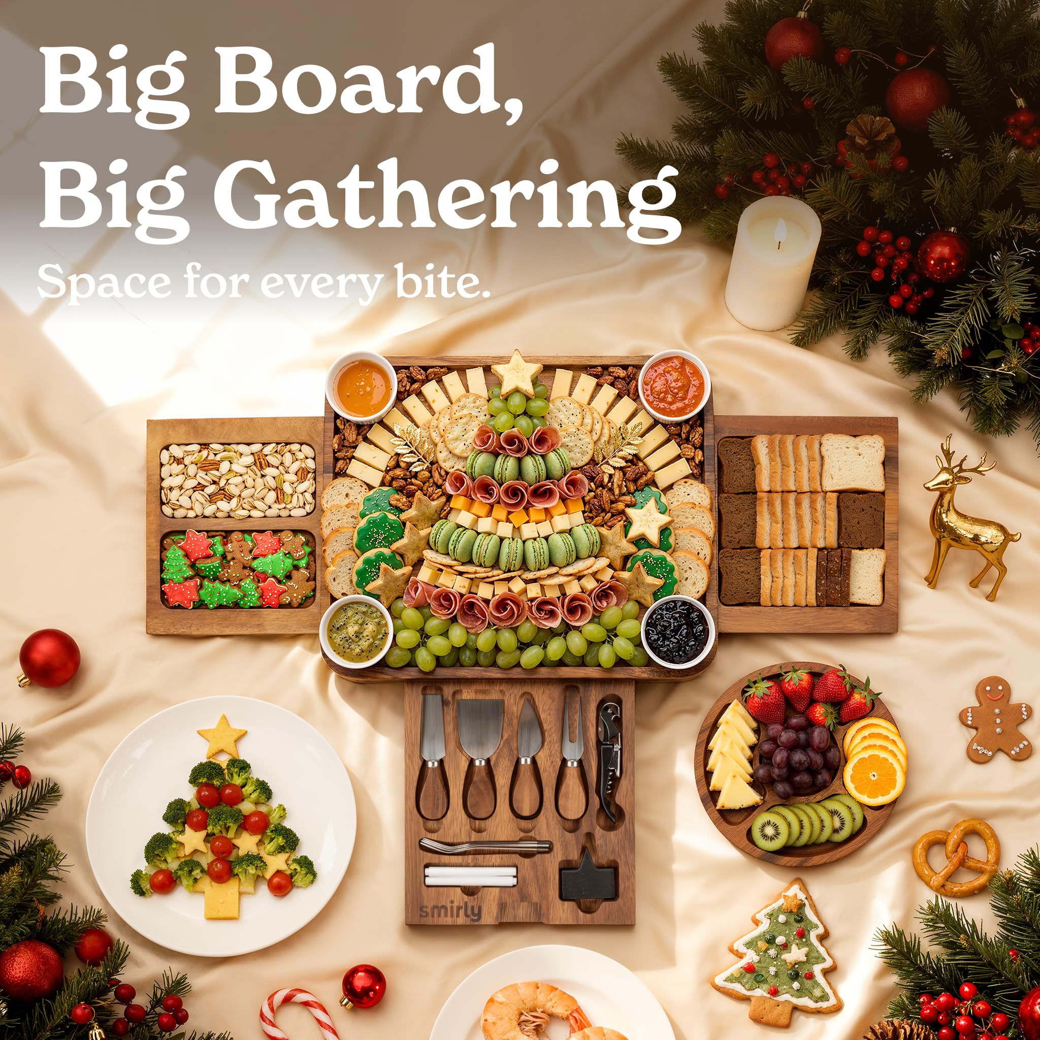 SMIRLY charcuterie board in use with meats cheese and fruit