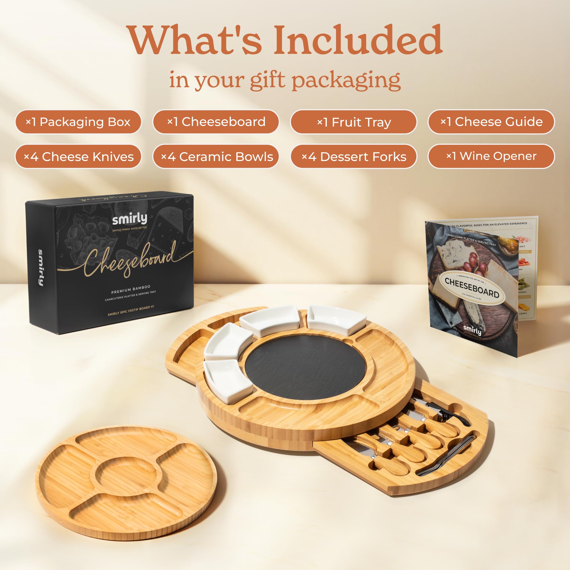 SMIRLY charcuterie board with knife set for precise cheese prep