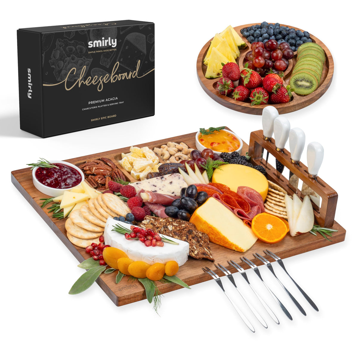 SMIRLY large acacia charcuterie board viewed top-down for entertaining.