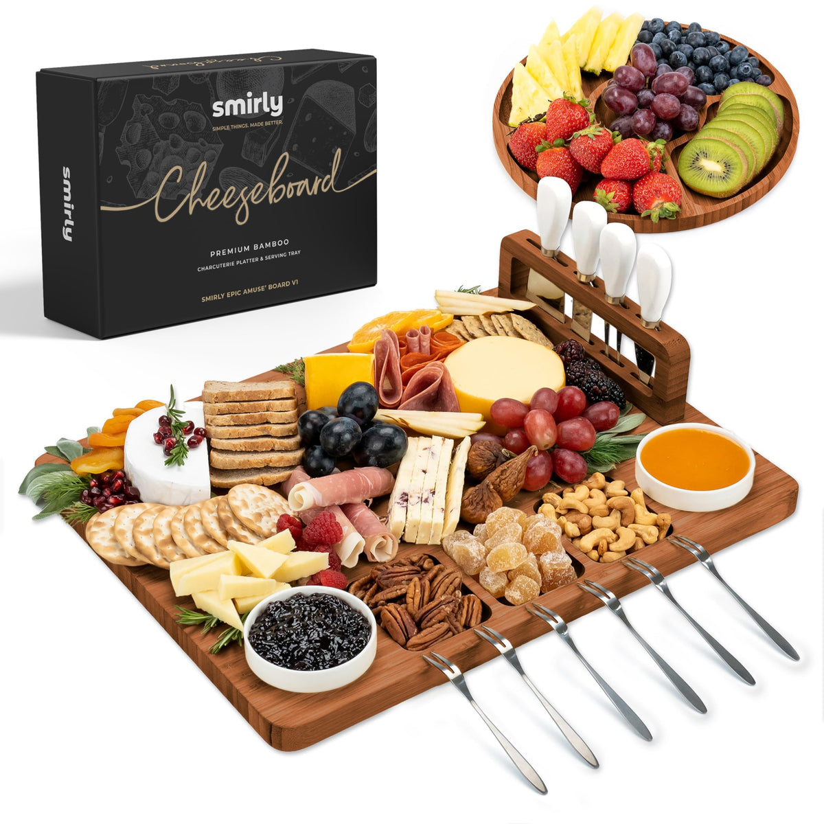 SMIRLY large bamboo cheese board offers ample space for appetizing displays.