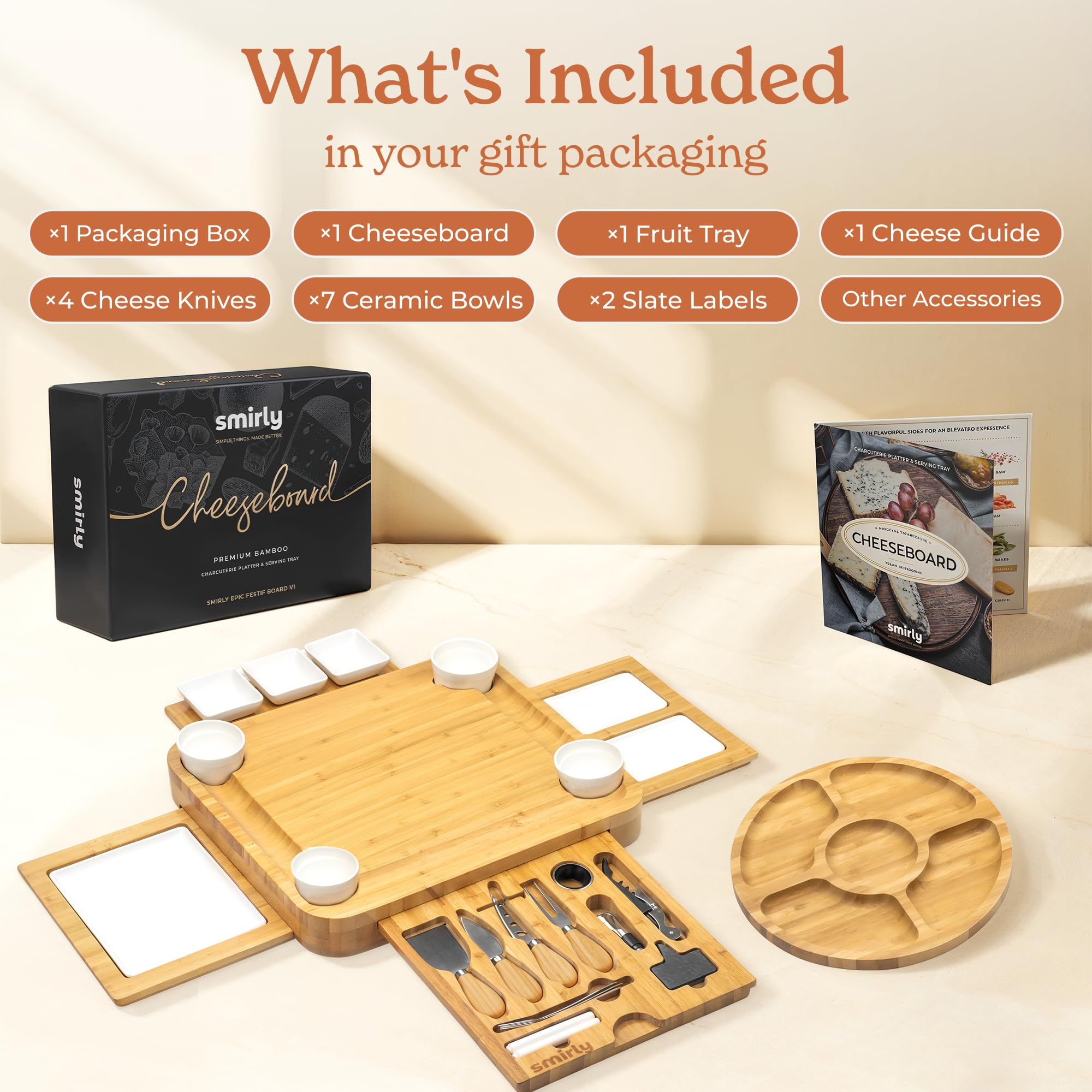 SMIRLY Charcuterie Board large bamboo four-drawer setup keeps utensils and accompaniments organized.