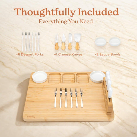 SMIRLY Round bamboo fruit tray complements the board for fresh, colorful displays.