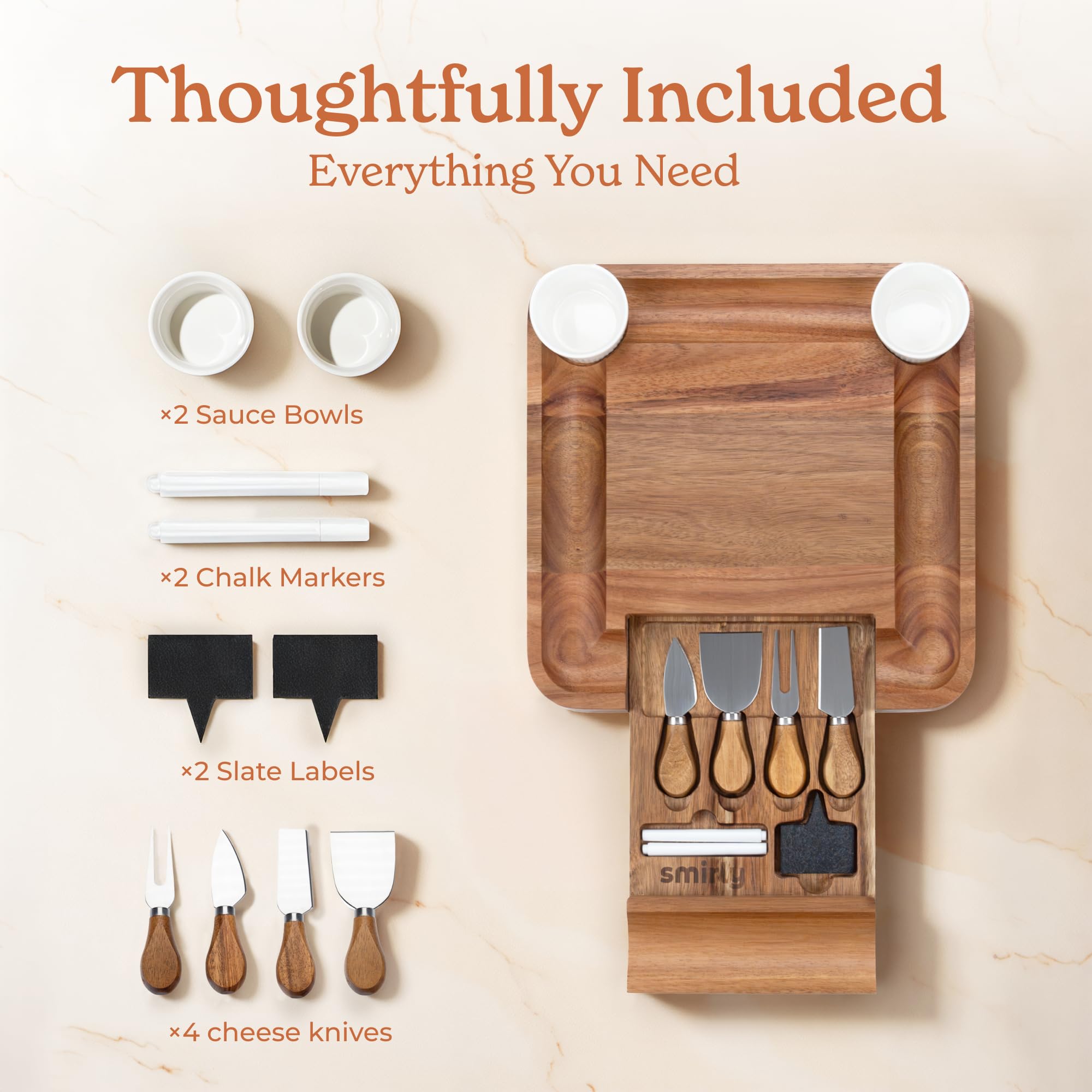 SMIRLY charcuterie board set grooves for bread and cookies for tidy, decorative servings