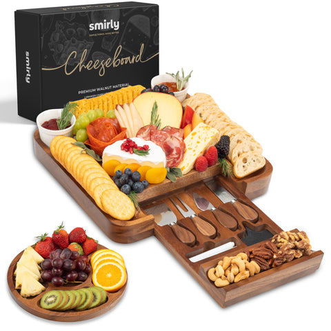 SMIRLY charcuterie board set in walnut wood display for elegant entertaining