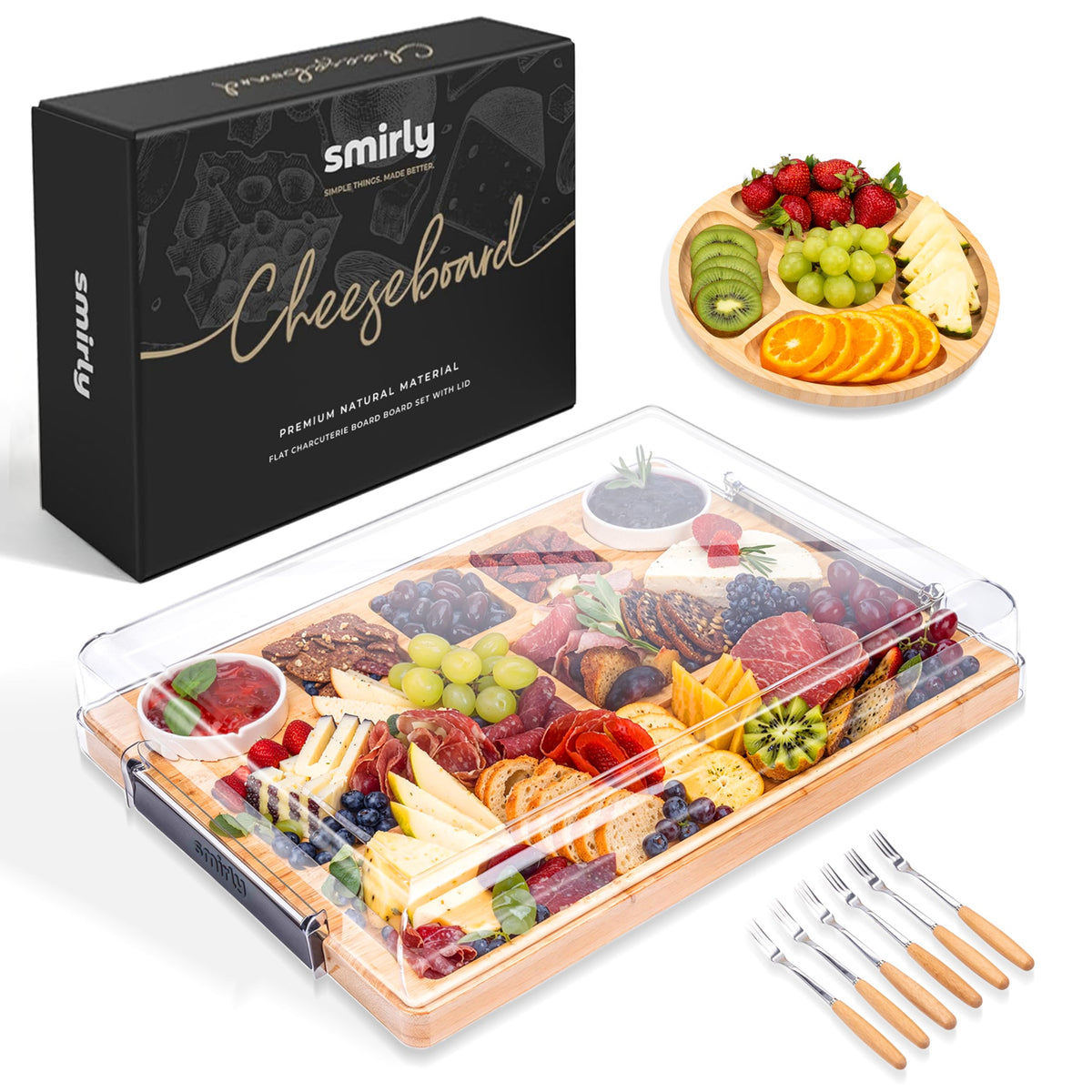 SMIRLY charcuterie board with lid keeps bites fresh for picnics